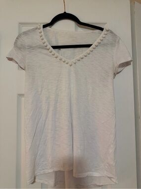 Lilly Pulitzer White V-Neck Short Sleeve Top with Pom Trim